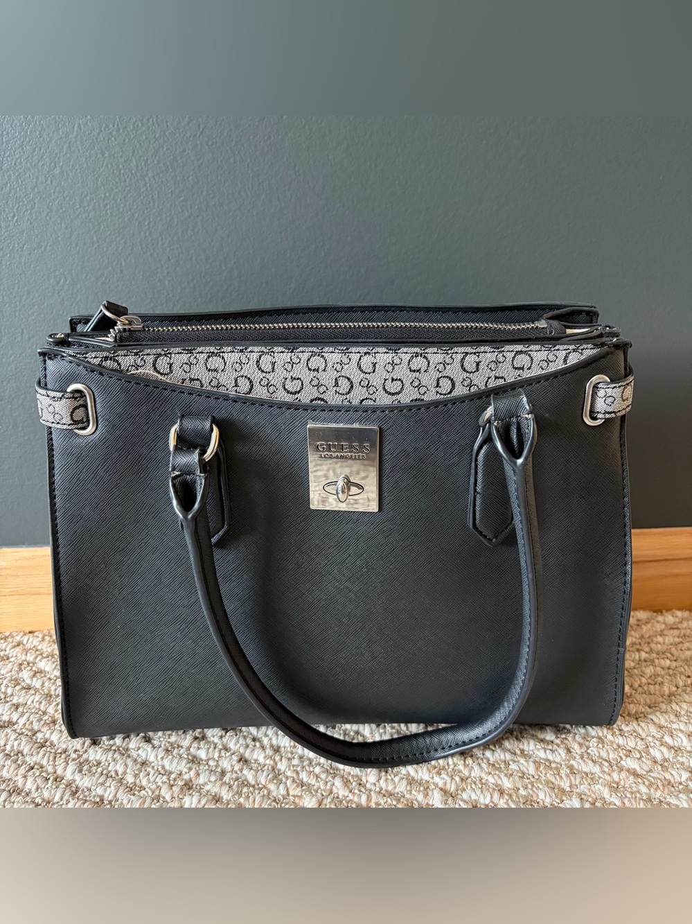 GUESS Black Logo-Trim Tote with Silver Hardware